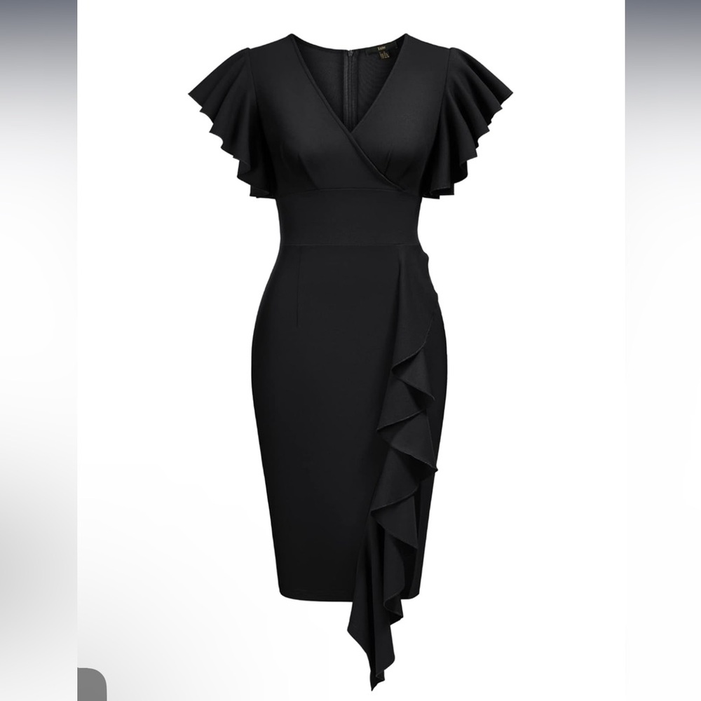 Knitee Women's DeepV Neck Ruffle Sleeves Cocktail Party Pencil Slit Formal Dress